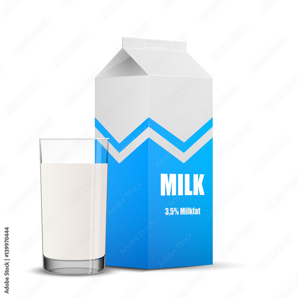 Cardboard package and glass with milk, vector, isolated on white Cardboard package and glass with milk, vector, isolated on white