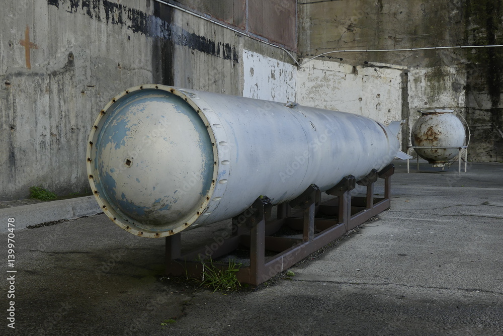 Details of German submarine torpedo used during World War II  exhibited at the previous German submarine base of Lorient, Brittany, France