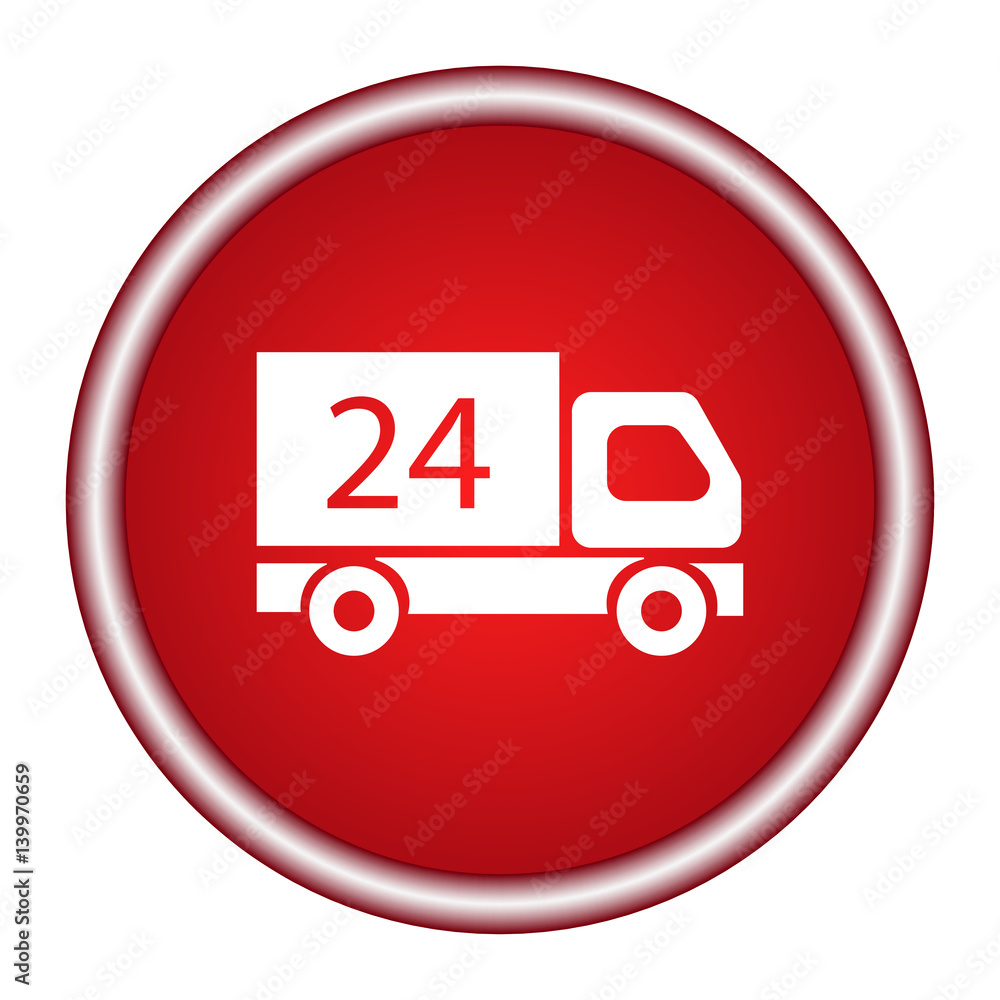 24H delivery truck icon. Internet button on red background. 24H delivery truck icon. Internet button on red background.