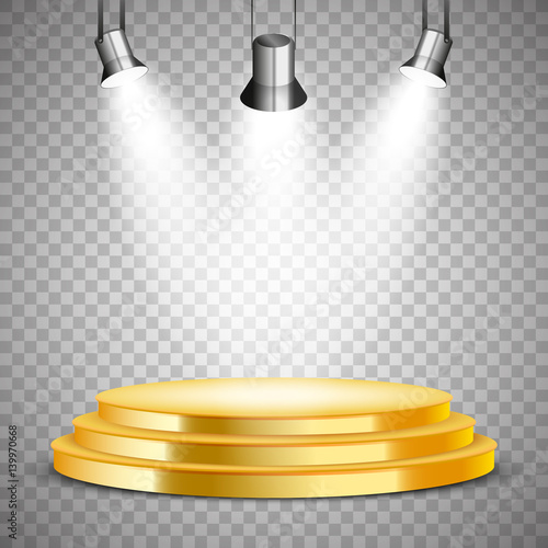 Round gold podium with spotlights, abstract background