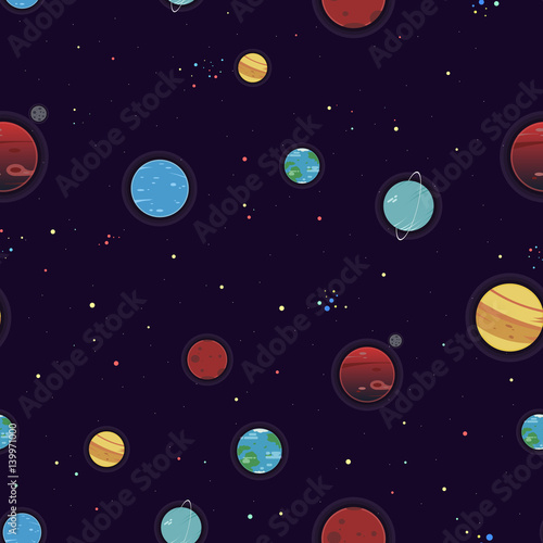 Seamless Space Pattern with DIfferent Variations of Planets and Stars. Figure for Textiles. Decorative Elements for Postcard Design. © dinv