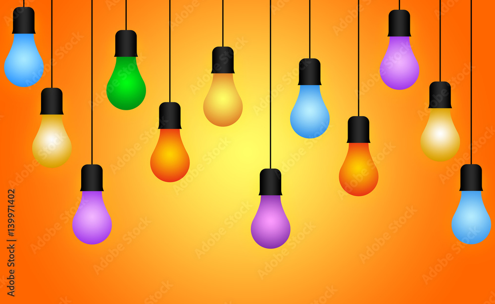 Colorful Illuminous Light Bulb, Bulb Hanging Through Wire Illustration Colorful Illuminous Light Bulb, Bulb Hanging Through Wire Illustration