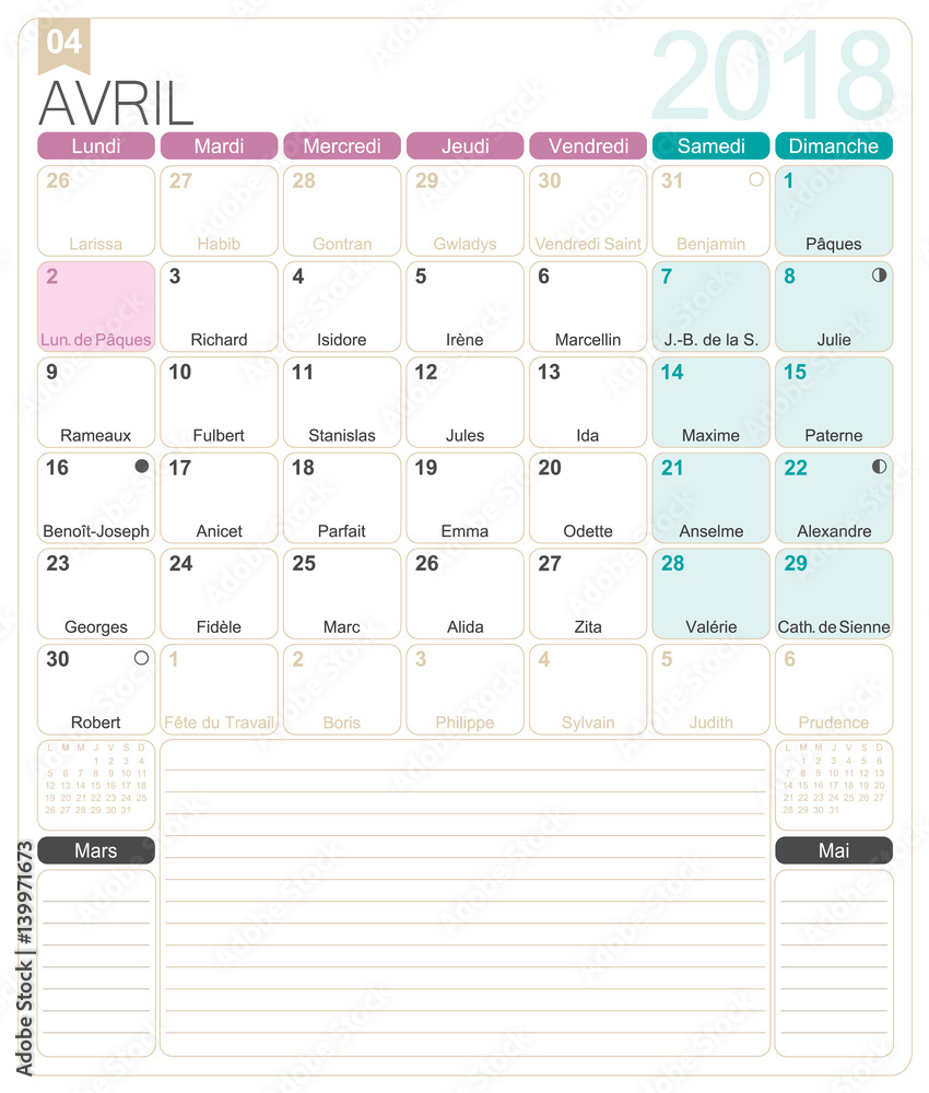 French calendar 2018 / April 2018, French printable monthly calendar  template, including name days, lunar phases and official holidays. Stock  Vector | Adobe Stock