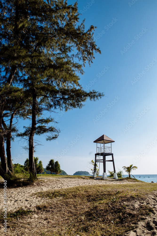 big wooden saving tower on the beach