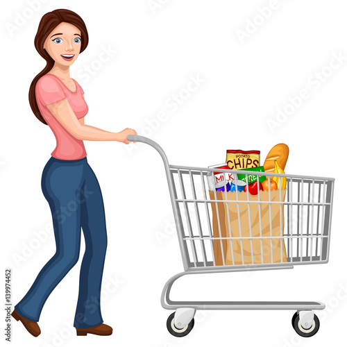 Vector illustration of a woman shopping for groceries.