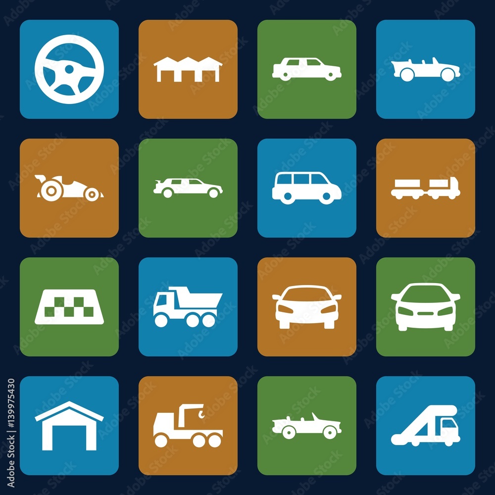 Set of 16 automobile filled icons Set of 16 automobile filled icons