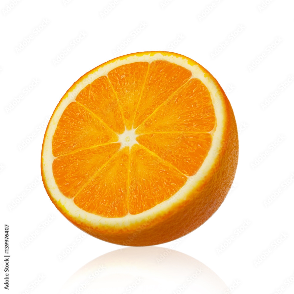 Orange fruit with slice and leaves isolated on white background. Clipping path Orange fruit with slice and leaves isolated on white background. Clipping path