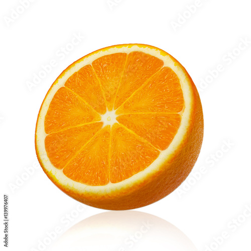 Orange fruit with slice and leaves isolated on white background. Clipping path