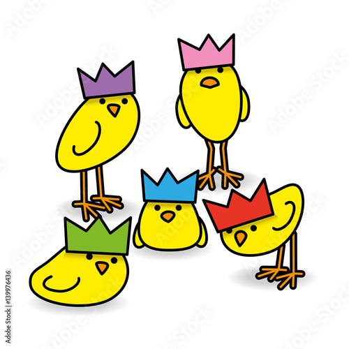 Five Staring Yellow Chicks in Party Hats