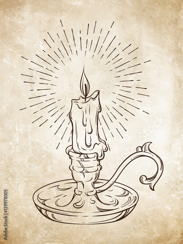 Hand drawn burning candle in vintage candlestick with rays of light vector illustration