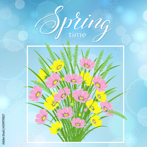 Spring pattern with flowers on a blue background.