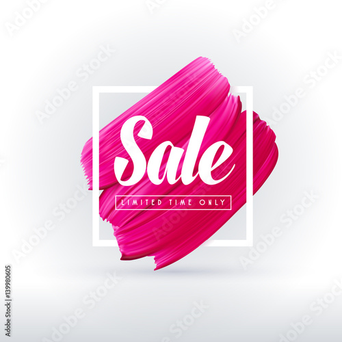 Pink lipstick sale in frame isolated on white background. Vector abstract pink paint brush art sale banner for shop in social media.
