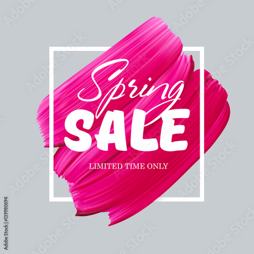 Pink lipstick sale in frame isolated on white background. Vector abstract pink paint brush art sale banner for shop in social media.