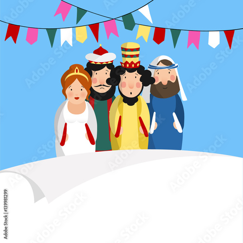 Chag Purim Sameach holiday greeting card for the Jewish festival. Hand drawn queen Esther, king Ahasuerus, Haman and Jew Mordecai.