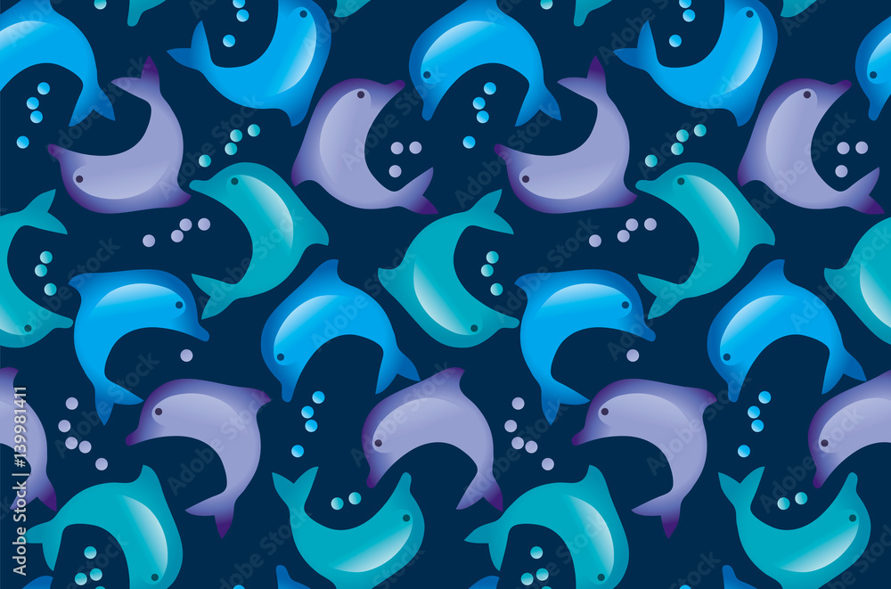 Fototapeta premium Abstract dolphin seamless pattern in kid-style tender pastel color. Decorative marine life design element. vector illustration for fabric, wrapping paper, background