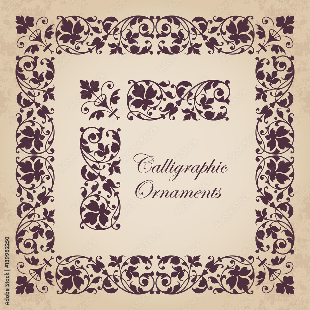 Decorative calligraphic ornaments, corners, borders and frames for page decoration and design