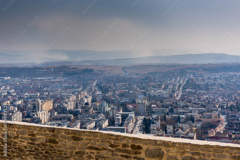 Amazing aerial view of the city Deva from the wall of fortress