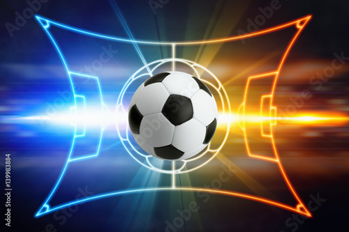 Soccer ball, football field layout, bright blue and red lights © IgorZh
