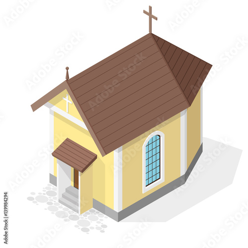 Vector Christian small church in isometric perspective, isolated on white background. Religious rural architecture. Building worship of God. Religion yellow Baroque church with red roof and crucifix.