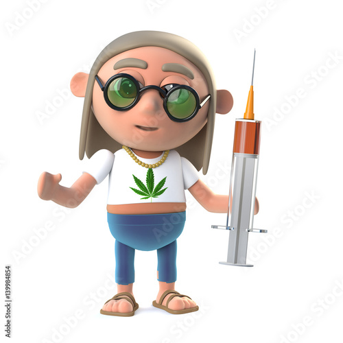 3d Funny cartoon hippy stoner character holding a syringe of drugs photo