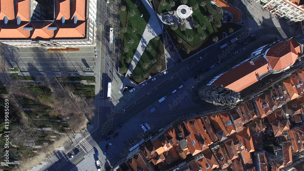 Fototapeta premium Top View of Clerigos Church in Porto, Portugal