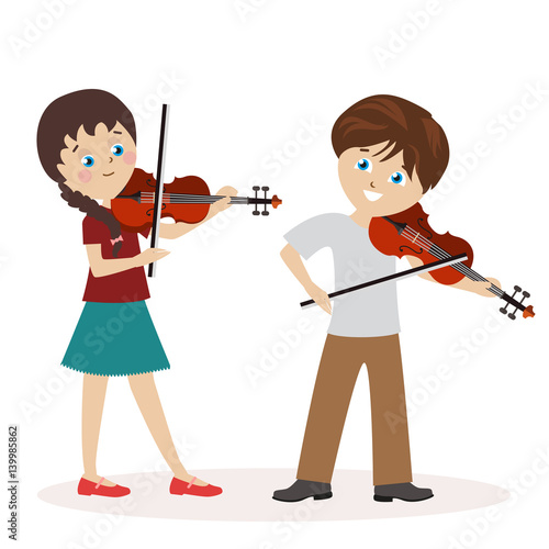 Boy and a girl are playing the violin. Music lessons. Flat character isolated on white background. Vector, illustration EPS10.