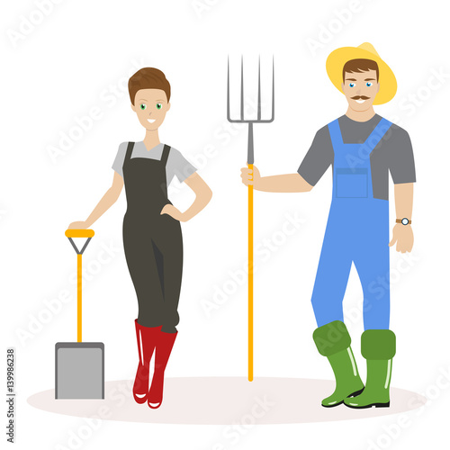Family of farmers. Man in green rubber boots, a straw hat and with pitchforks in his hands. Woman in red rubber boots and with a shovel in her hands. Vector, illustration EPS10.