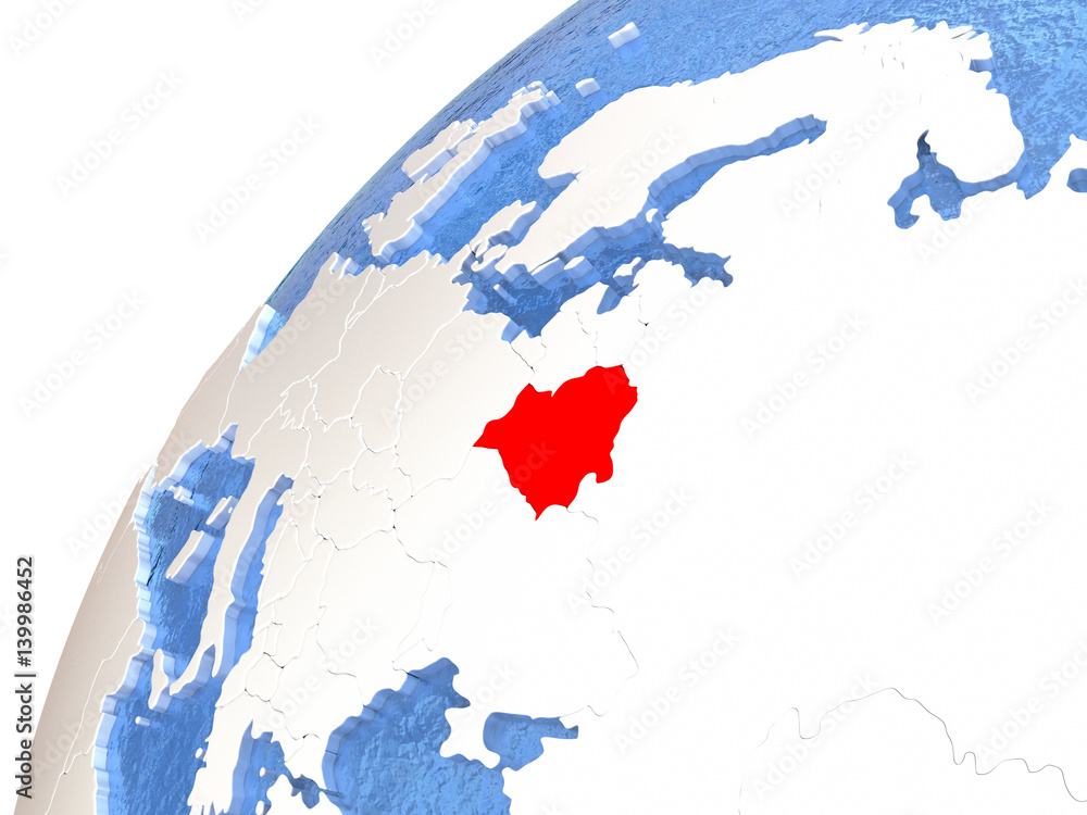 Naklejka premium Belarus on metallic globe with blue oceans