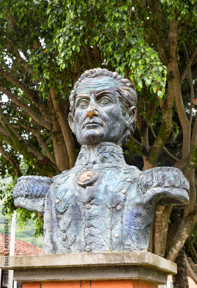 Bust of revolutionary figher Simon Bolivar in the central plaza of Cabrera, Colombia.