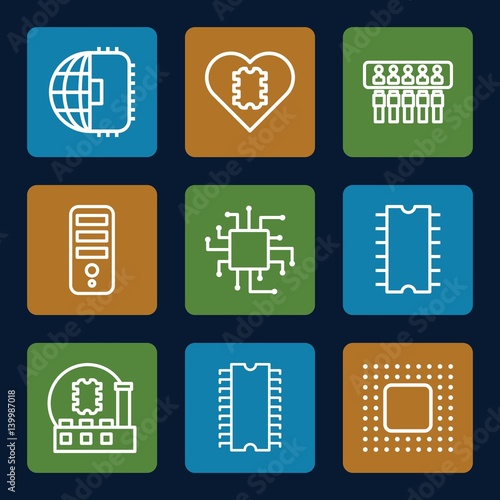 Set of 9 cpu outline icons