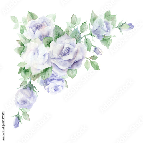 Watercolor painting. Corner floral arrangement with lilac pastel roses on a white background.