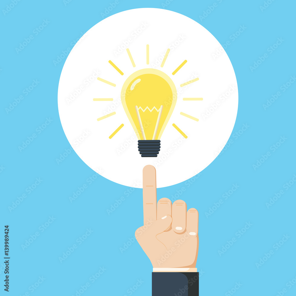 Pointing finger on bulb as a symbol big idea. Having new creative idea. Problem solution metaphor. Pointing finger on bulb as a symbol big idea. Having new creative idea. Problem solution metaphor.