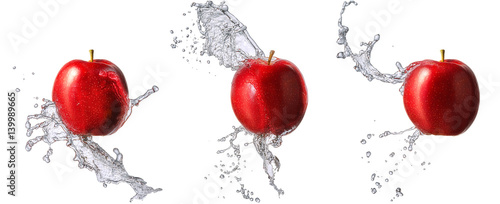 Fototapeta Naklejka Na Ścianę i Meble -  Water splash and fruits isolated on white backgroud. Fresh apple