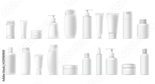 Set vector blank templates of empty and clean white plastic containers: bottles with spray, dispenser, cream jar, tube. Realistic mock-up of cosmetic package. Isolated on white background.