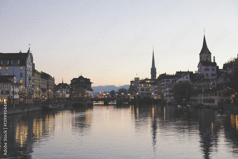 Sunset, Limmat River, Switzerland, Europe Sunset, Limmat River, Switzerland, Europe