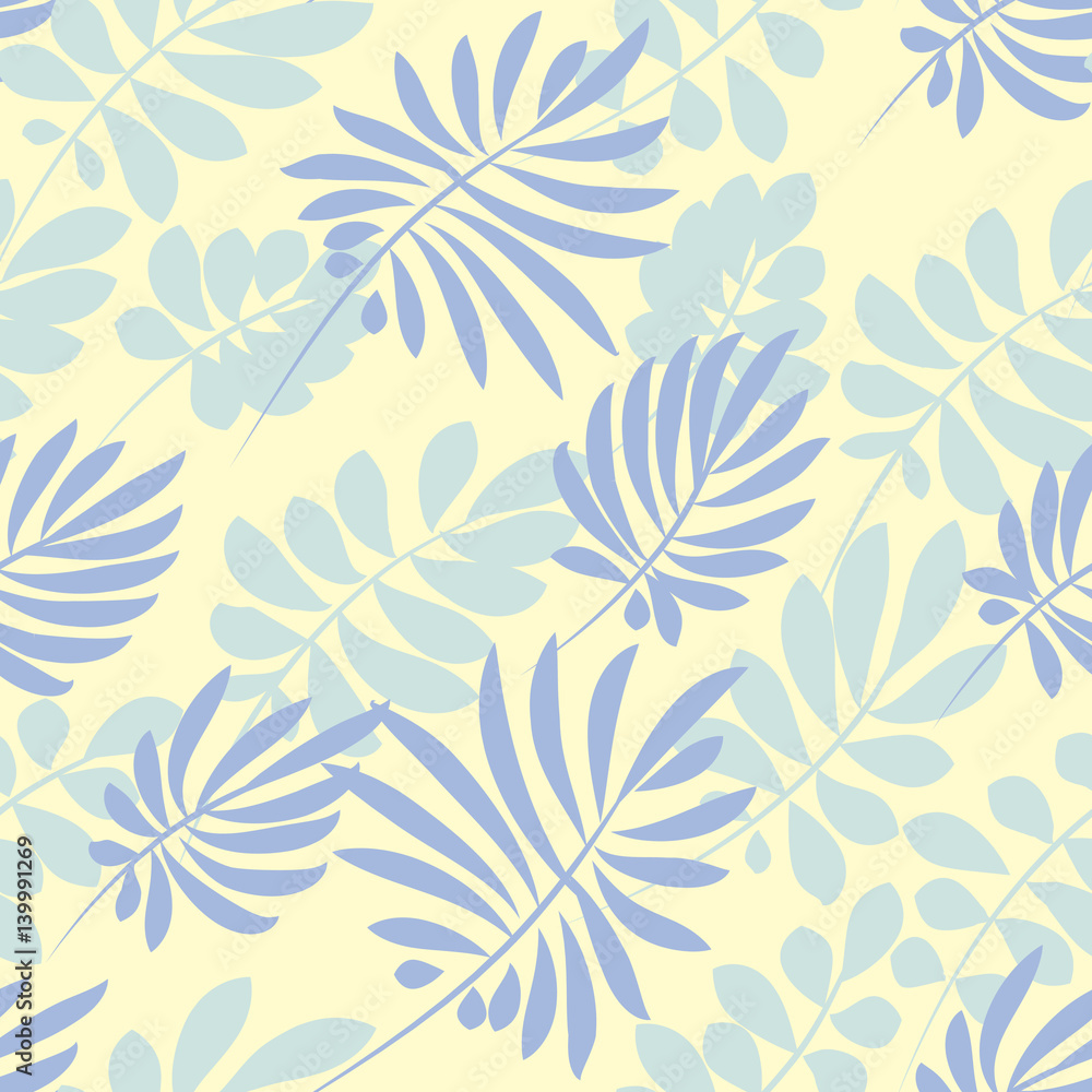 Tender pale blue and green tropical leaves seamless pattern. Decorative summer nature surface design. vector illustration for fabric, print, wrapping paper