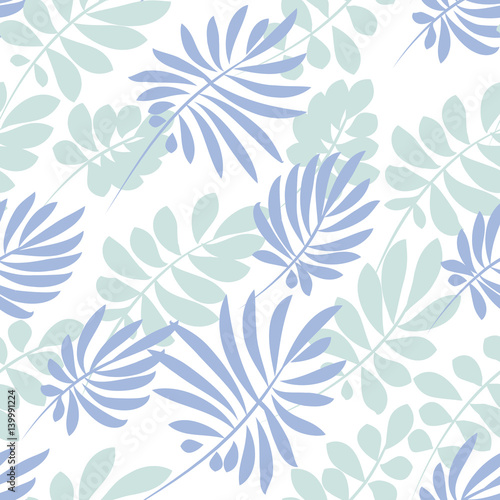 Tender pale blue and green tropical leaves seamless pattern. Decorative summer nature surface design. vector illustration for fabric  print  wrapping paper
