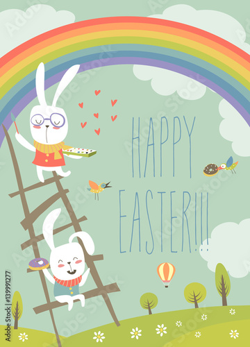 Funny easter bunnies with rainbow