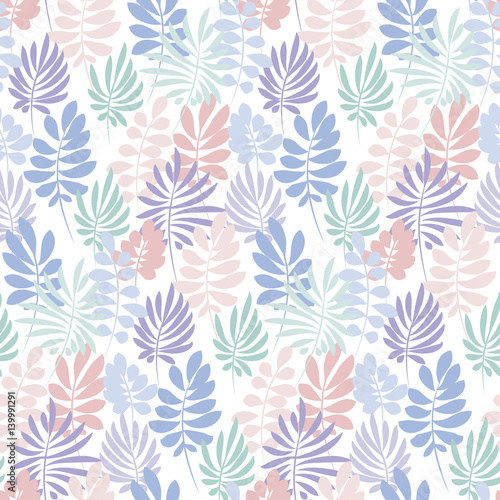 Tender violet and rosy color tropical leaves seamless pattern. Decorative summer nature surface design. floral vector illustration for fabric, print, wrapping paper,