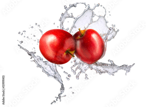 Water splash and fruits isolated on white backgroud. Fresh apple
