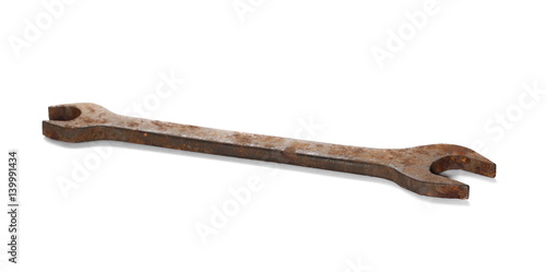 old rusty wrench isolated on white