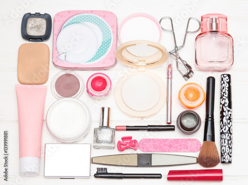 makeup cosmetics and brushes is lined in the form of a square