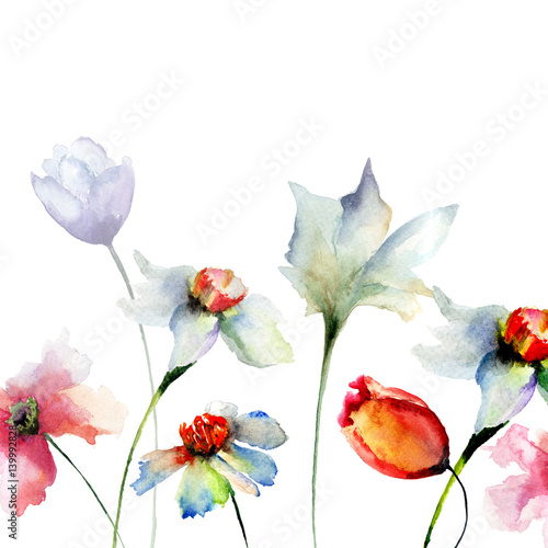 Template for card with Narcissus and Tulips flowers