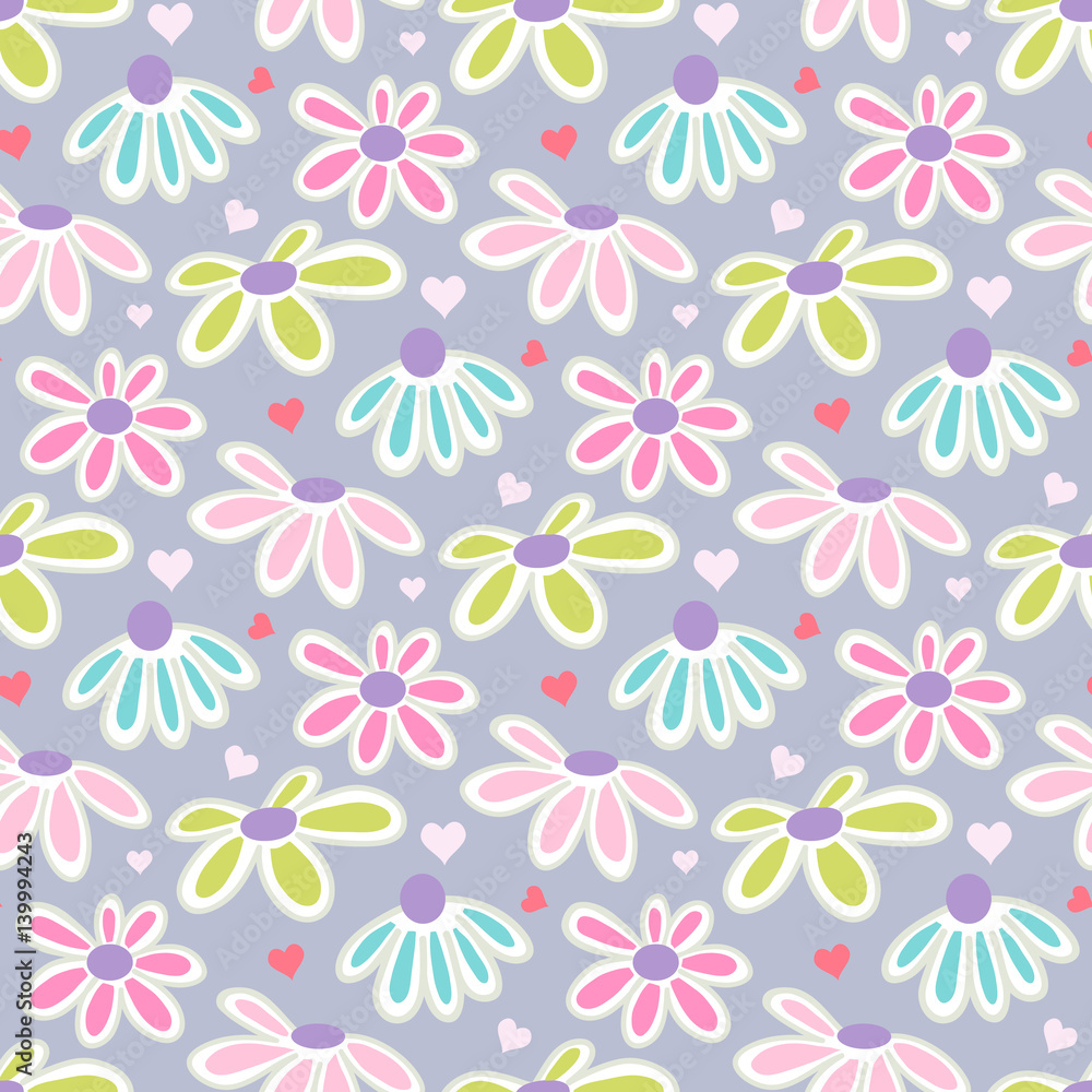 Vector floral pattern with cute daisies. Seamless floral pattern with spring flowers and hearts.