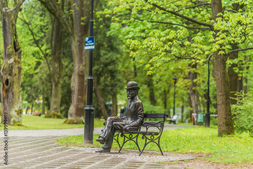 Bench of Boleslaw Prus at Spa park in Naleczow.