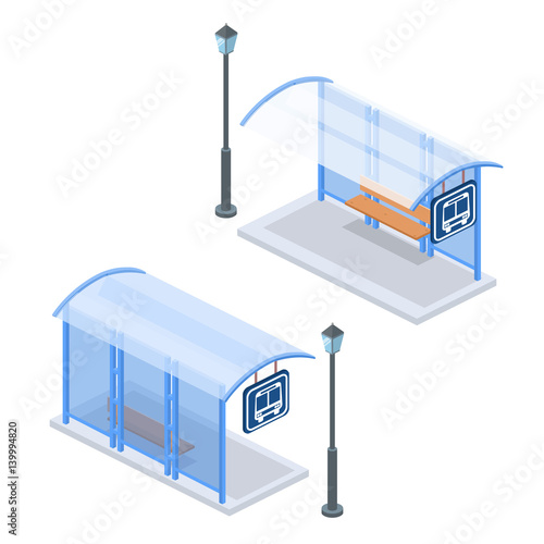 Isometric flat 3D concept vector illustration city bus stop with street light at the rear and in front. Set of collection.