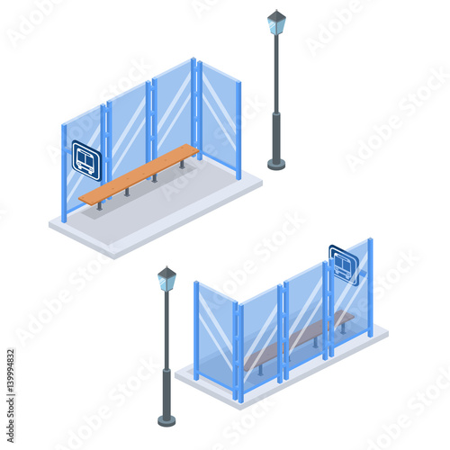 Isometric flat 3D concept vector illustration city bus stop with street light at the rear and in front. Set of collection.