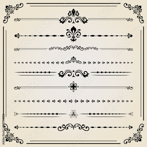 Vintage set of vector black decorative elements. Horizontal separators in the frame. Collection of different ornaments. Classic pattern. Set of vintage patterns