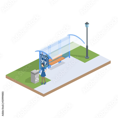 Isometric flat 3D concept vector illustration people are waiting for the bus at the bus stop on the street