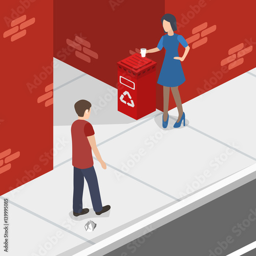 Isometric 3D concept vector illustration people throw garbage in the garbage can